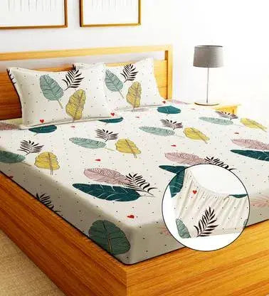 Orange and Blue Cotton Elastic 160 TC King Bedsheet with 2 Pillow Covers
