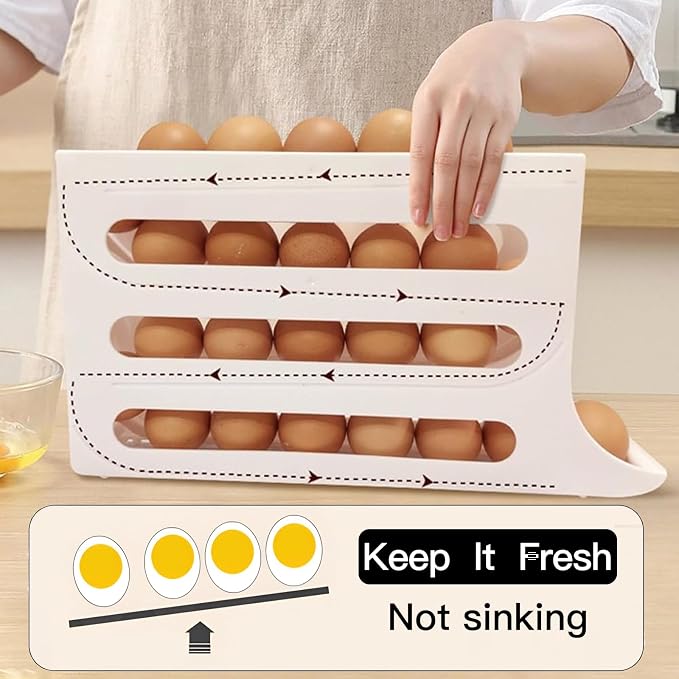 Rolling Egg & Lemon Dispenser for 18-24 Eggs, Space-Saving And Durable Storage Solution With Gravity three Layer Plastic Egg Holder Container Storage Rack Ideal For Fridge And Pantry Rectangular