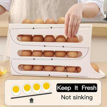 Rolling Egg & Lemon Dispenser for 18-24 Eggs, Space-Saving And Durable Storage Solution With Gravity three Layer Plastic Egg Holder Container Storage Rack Ideal For Fridge And Pantry Rectangular