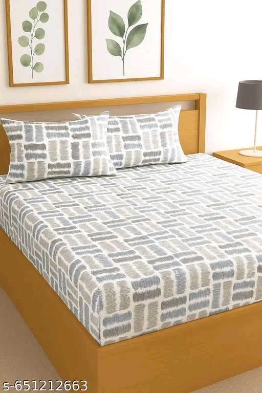 Orange and Blue Cotton Elastic 160 TC King Bedsheet with 2 Pillow Covers
